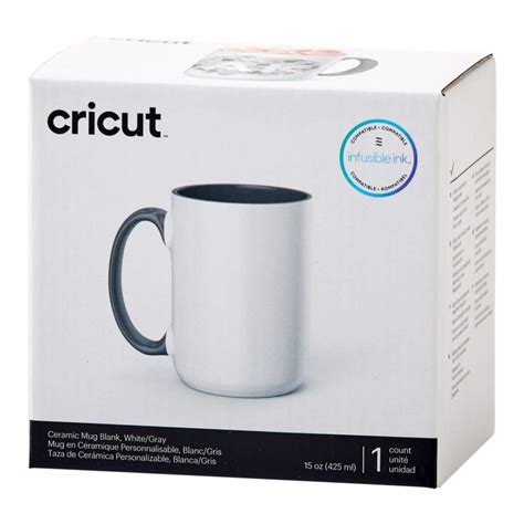 2009330 - Cricut 440ml Beveled Ceramic Mug Blank Grey 1pc; 1 Infusible Ink™ compatible* mug blank 15 oz / 425 ml; Bold pop of color; Smooth, straight pressing area for flawless transfers; Dishwasher & microwave safe; For use with Cricut Mug Press™ & Infusible Ink products (sold separately); Includes 1 ready-to-gift box for any occasion